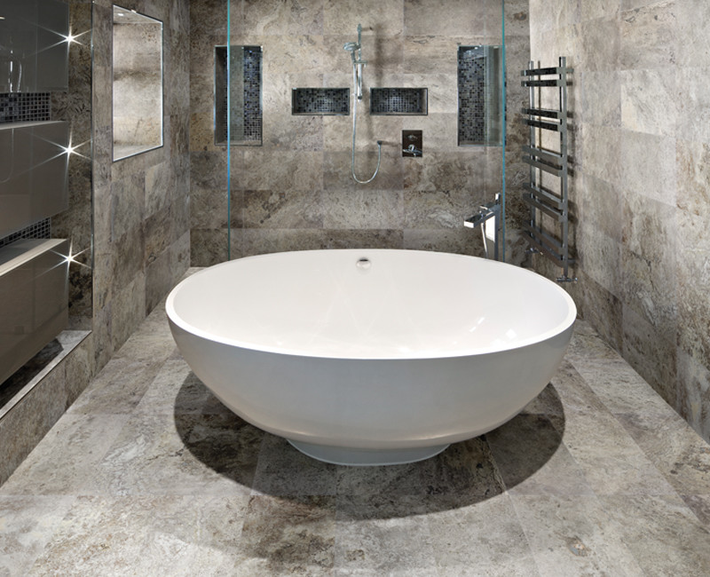 Silver Travertine installed in a bathroom